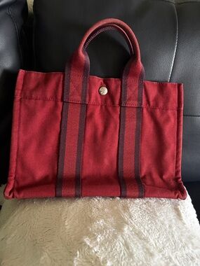VINTAGE HERMES Fourre~ Tout PM Red Canvas Tote Bag with Striped Detail~EUC